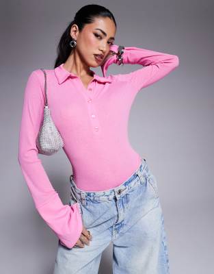 ASOS DESIGN textured mesh collared bodysuit with cuff detail in pink Asos Design