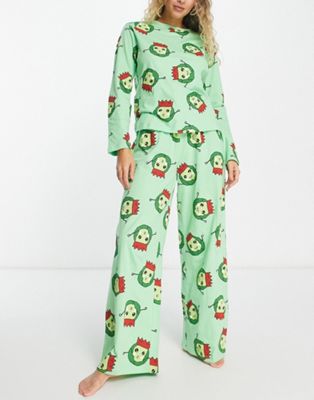 Зеленый пижамный комплект из топа и брюк с длинными рукавами ASOS DESIGN Christmas brussels ASOS DESIGN