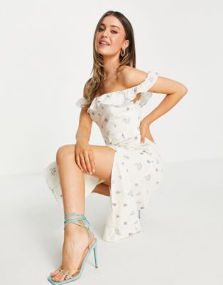 Ever New Bardot belted midi tea dress with slit in ivory based floral Ever New