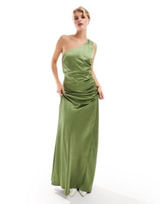 Атласное платье макси на одно плечо Six Stories Bridesmaids зеленого цвета мха Six Stories