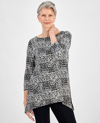 Women's 3/4 Sleeve Printed Jacquard Swing Top, Created for Macy's J&M Collection