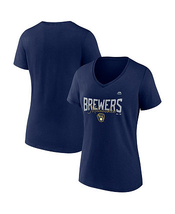 Женская темно-синяя футболка размера плюс с v-образным вырезом и надписью Milwaukee Brewers Profile