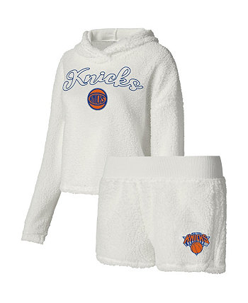 Женский кремовый комплект для сна с пушистой толстовкой с длинными рукавами New York Knicks и шортами College Concepts
