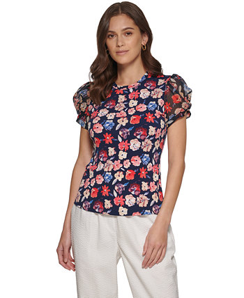 Petite Floral-Print Puff-Sleeve Blouse DKNY