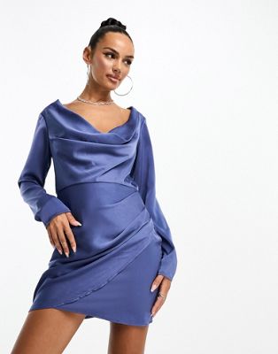 Синее атласное мини-платье с воротником-хомутом Parallel Lines Parallel Lines