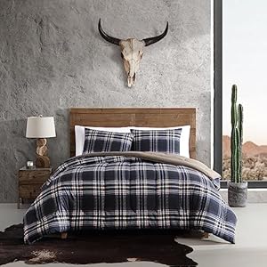 Wrangler- Queen Comforter Set, Reversible Bedding with Matching Sham(s), Yellowstone Inspired, Casual Home Décor (City Flats Plaid Navy, Queen) Wrangler