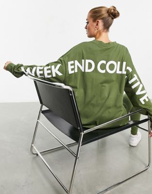 ASOS Weekend Collective long sleeve t-shirt with stacked back graphic in khaki ASOS Weekend Collective