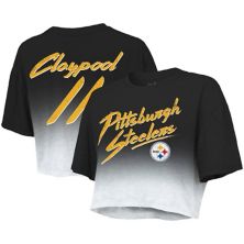 Женская укороченная футболка Majestic Threads Chase Claypool Black/White Pittsburgh Steelers Drip-Dye с именем и номером игрока Tri-Blend Majestic