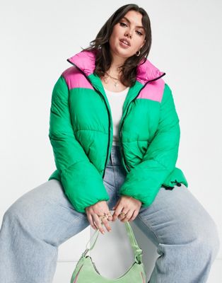 Noisy May Curve exclusive padded short coat in bright pink and green Noisy May Curve