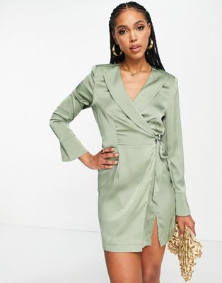 Aria Cove satin wrap dress with split detail in sage Aria Cove