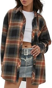 CHYRII Womens Button Down Flannel Shirts Long Sleeve Plaid Shackets Business Casual Blouse Top CHYRII