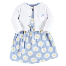 Hudson Baby Infant Girl Cotton Dress and Cardigan Set, Blue Daisy Hudson Baby