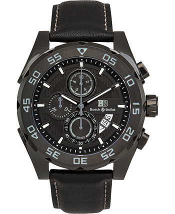 Torrent Мужские часы с хронографом Черный кожаный ремешок, черный циферблат, 44 мм Buech & Boilat