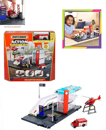 Игрушечный автомобиль из спичечных коробков с игровым набором "Спасательная вертолетная станция", 7 предметов Mattel