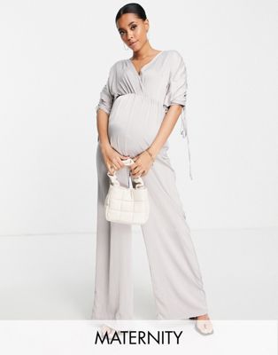 Missguided Maternity satin wrap ruched jumpsuit in silver Missguided Maternity