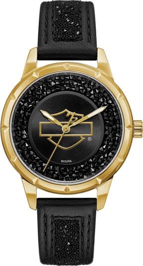 Женские часы с черным блестящим кожаным ремешком, 35,5 мм Harley Davidson