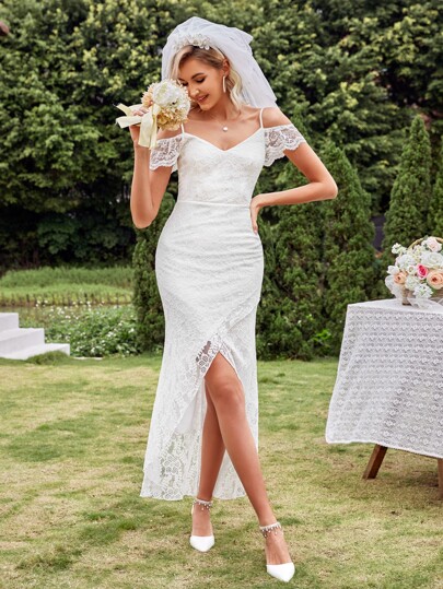 Свадебное платье с открытыми плечами с подолом тюльпана кружевной SHEIN