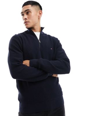 Tommy Hilfiger oval structure zip mock neck sweater in navy Tommy Hilfiger