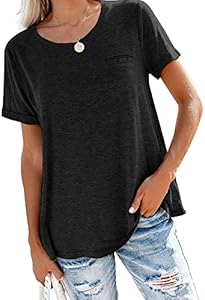 Bingerlily Women's Roll Up Short Sleeve T Shirts Crew Neck Tops Loose Causal Tees with Pocket Bingerlily