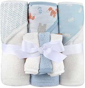 Hooded Baby Bath Towel and Washcloth 6 Piece Set for Newborns, Infants & Toddlers, Boys & Girls Baby Hooded Towels Set (Dinosaurs & Stripes) Baby Essentials