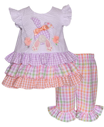 Комплект капри из хлопчатобумажной ткани и капри для маленьких девочек с развевающимися рукавами и аппликацией в виде кроличьего хвоста Bonnie Baby