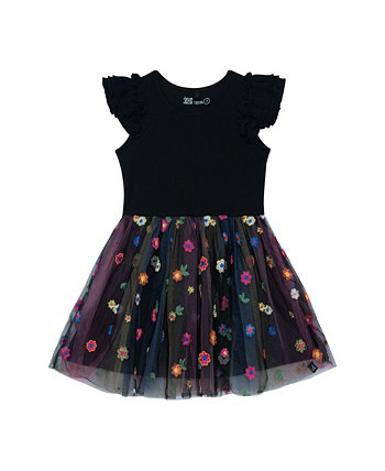 Платье с короткими рукавами для девочек и тюлевой юбкой с вышивкой, черное с разноцветными цветами - детское Deux par Deux