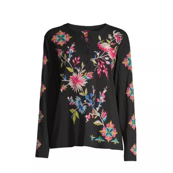 Julie Floral-Embroidered Cotton Henley Johnny Was, Plus Size