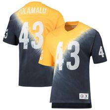 Мужская футболка Mitchell & Ness Troy Polamalu Gold/Black Pittsburgh Steelers с именем и номером игрока в отставке, диагональная футболка с v-образным вырезом и узором тай-дай Mitchell & Ness