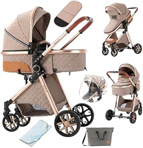 2 in 1 Baby Stroller with Bassinet Reversible Portable Standard Baby Stroller Convertible Pushchair Infant Buggy Baby Carriage Foldable High Landscape Pram for Toddler Newborn (2US588-BG 2 in 1) Suttonbebe