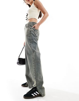 Sixth June low rise dirty wash wide leg jeans with split hem in blue Sixth June