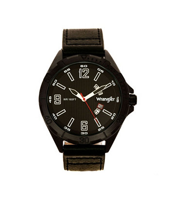 Мужские часы, черный корпус 48 мм IP, черный циферблат с текстурой, арабские цифры, прочный коричневый ремешок с текстурой, аналоговый, секундная стрелка, функция даты Wrangler