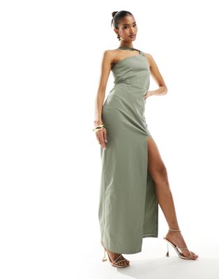 Эксклюзивное оливково-зеленое платье макси на одно плечо с разрезом до бедра Vesper Vesper