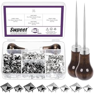 Swpeet 402Pcs Square Rivets Assortment Kit with 2Pcs Straight Tipped Awls, Spots Studs Square Rivets Metal Pyramid Ideal for Bag Leather Clothing Shoes Rivet Handicraft DIY Punk Swpeet