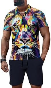 Men's Short Sets Outfits 2 piece Printed Animals Summer Tracksuit Short Sleeve Polo Shirt and Short Sets Vacation Outfits Mlvekrt