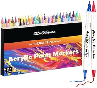 24 Color Acrylic Paint Pens – Dual Tip, Vibrant, Quick-Drying, Long-Lasting for Rock Painting, Wood, Glass, Ceramic, and Fabric – Non-Toxic, Waterproof Paint Markers, Ideal for DIY and Craft Projects MoiNubone