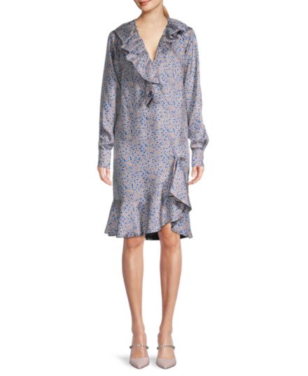 Шелковое платье-рубашка с цветочным принтом и оборками Victoria Beckham