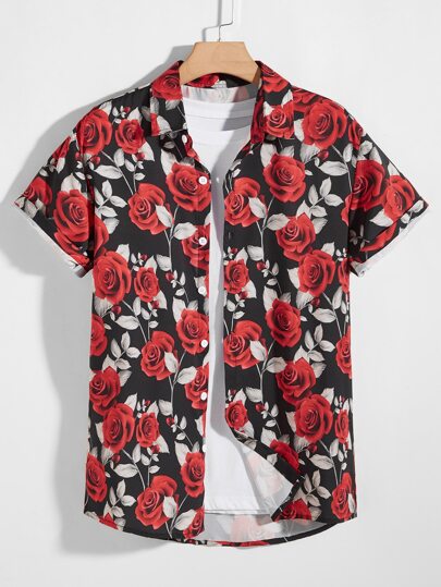 Мужская рубашка с принтом розы SHEIN