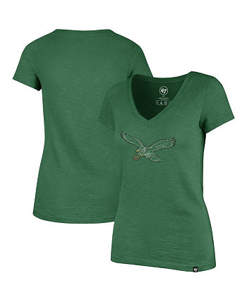 Женская футболка Kelly Green с v-образным вырезом и эффектом потертости Philadelphia Eagles Throwback Scrum '47 Brand