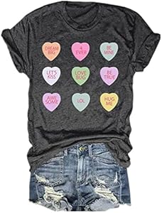 Valentines Shirts for Women Retro Candy Heart Printed Short Sleeve Casual Graphic Tee Tops SurBepo