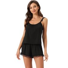 Women's Loungewear Round Neck Lace Trim Sleeveless Camisole Tops With Shorts Pajama Sets Cheibear