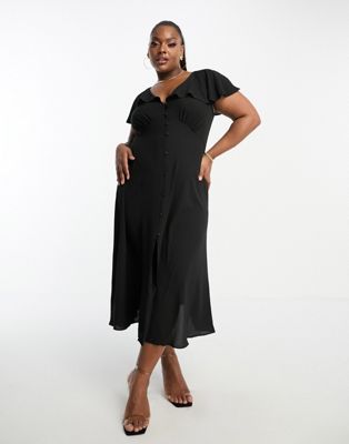 Черное чайное платье миди с развевающимися рукавами и пуговицами ASOS DESIGN Curve ASOS Curve