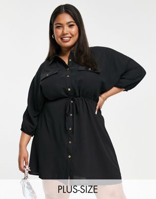 In The Style Plus x Jac Jossa tie front shirt dress in black In The Style Plus