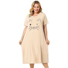 Women's Plus Size Comfy Pajamas Cute Cat Print Side Pocket Nightgown Agnes Orinda