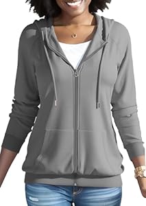 HTD Women Casual Full Zip Up Hoodie Basic Lightweight Long Sleeve Sweatshirt Solid Color Jacket With Pockets HTD