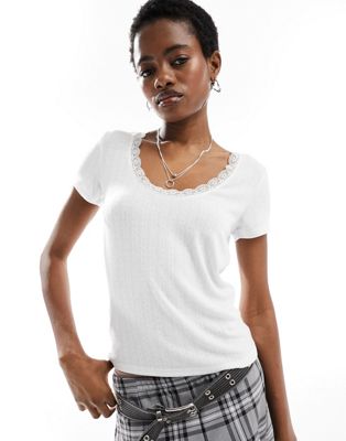 Monki pointelle top with scoop neck and lace trim in white Monki