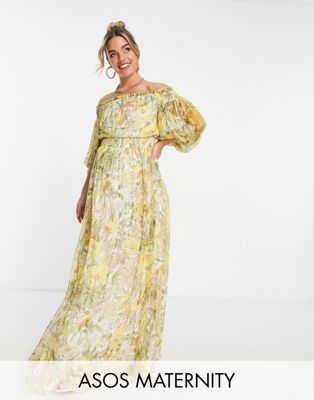 ASOS DESIGN Maternity Off shoulder maxi dress with blouson sleeve in self stripe in meadow floral ASOS Maternity