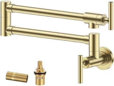 FORIOUS Pot Filler Faucet, Gold Wall Mount Pot Filler Over Stove, Solid Brass Kitchen Sink Pot Filler Faucets, Commercial Kitchen Folding Faucet with Stretchable Double Joint Swing Arms, Brushed Gold FORIOUS