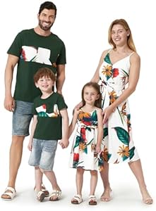 PATPAT Family Matching Outfits Mommy and Me Dresses Hawaiian Tropical Vacation Beach Spaghetti Strap Dress and Shirt Patpat