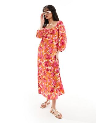 JDY bell sleeve maxi dress with front slit in pink floral  JDY