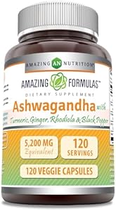 Amazing Formulas Ashwagandha Supplement | Contains Turmeric, Ginger, Rhodiola, & Black Pepper | 5200 Mg Per Serving | Veggie Capsules | Non-GMO | Gluten-Free | Made in USA (1 Pack, 120 Count) Amazing Nutrition